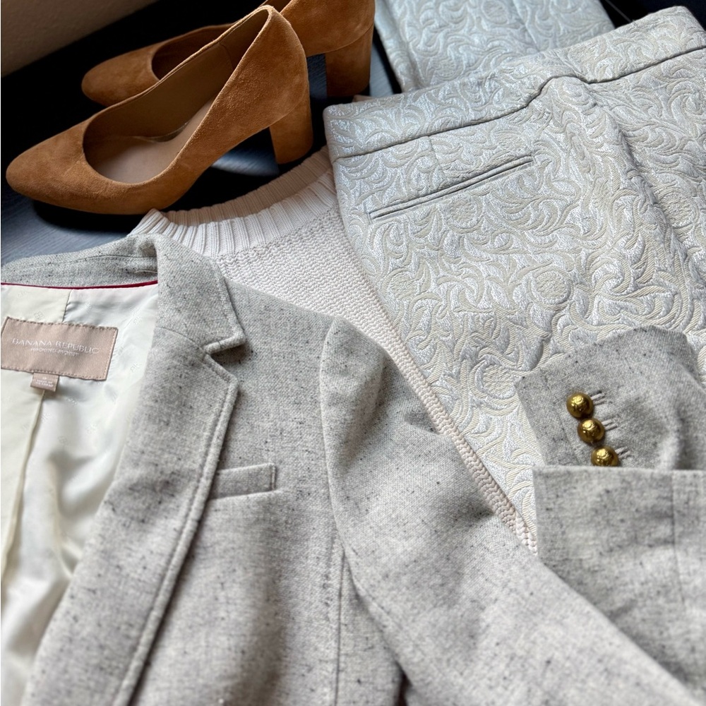 Ann Taylor Cream Textured Ankle Pants Size 6 Jacquard Work Trousers Neutral - Picture 7 of 7